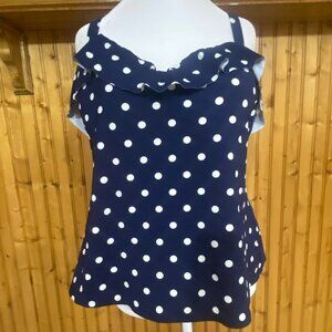 Navy Polka Dot Ruffle Tank Top Adjustable Straps Womens Size 18W Lands End Polye